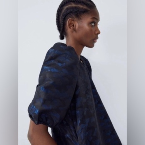 NWT ZARA Women’s Blue Black Camo Jacquard Volume Cool Dress XS X-Small Medium M - Picture 5 of 13